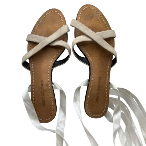 Dolce & Gabbana Women's Satin & Suede Lace-Up Ivory Sandals Size 7 (EU 37) - Picture 2 of 7